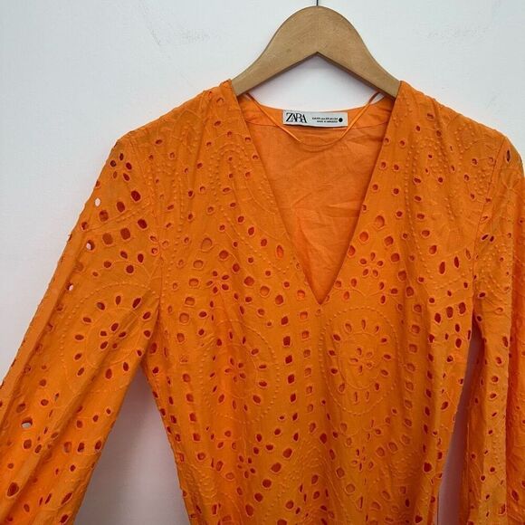 Zara Women’s Blogger Favorite Orange Embroidered Eyelet Puff Sleeve Maxi Dress - Picture 8 of 14